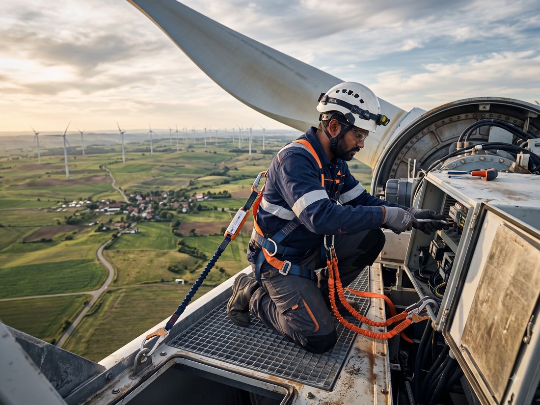 Technician working on wind turbine safety inspection