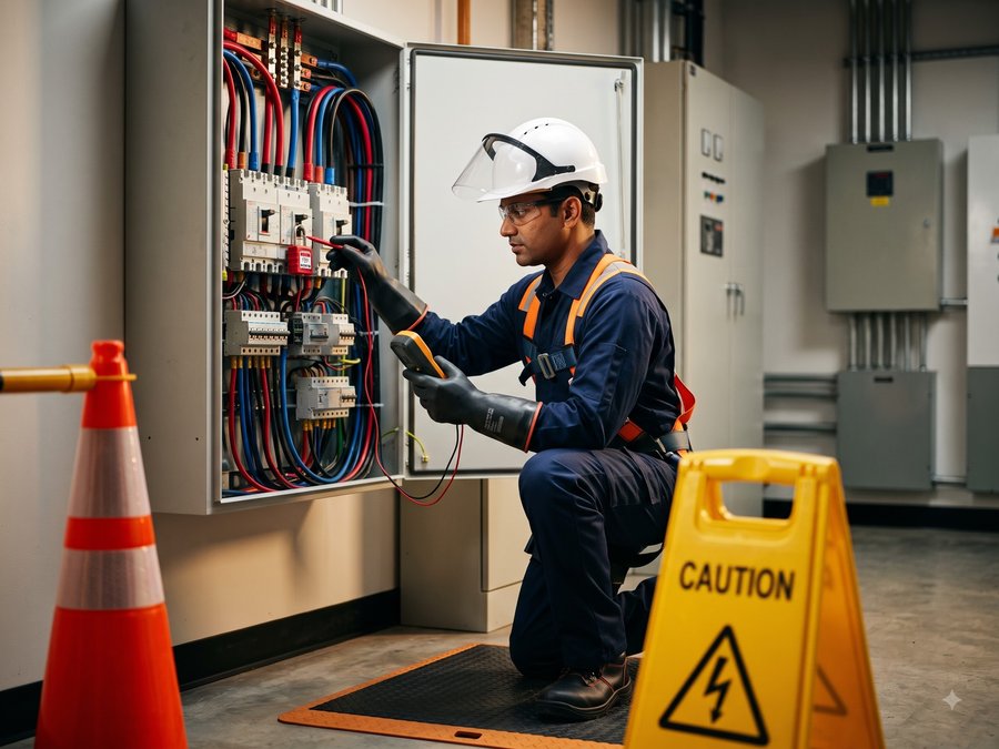 Electrician performing panel safety check