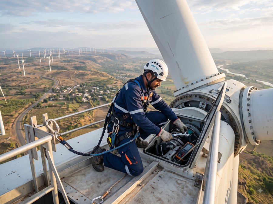Wind turbine technician performing safety inspection