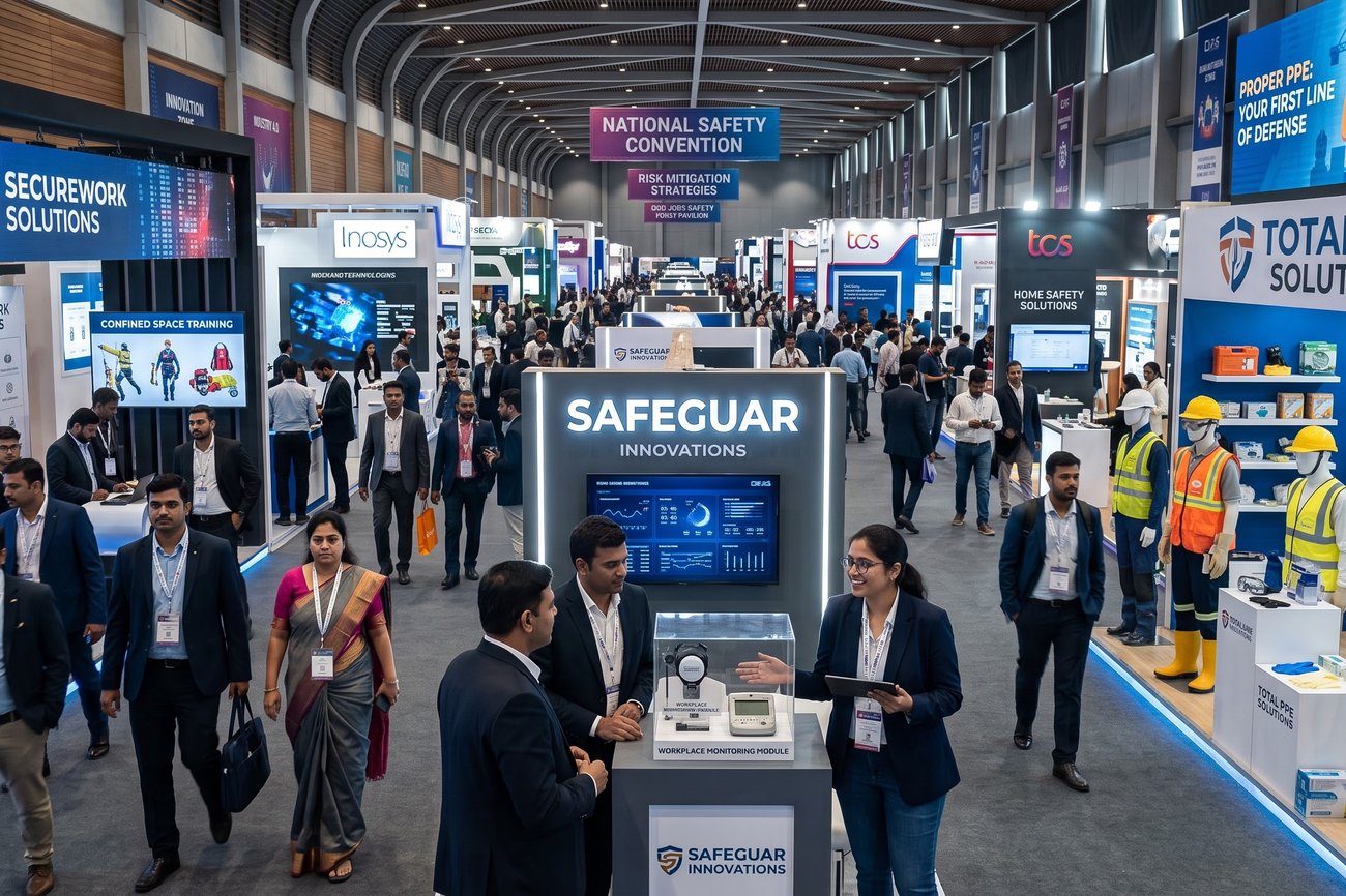 Exhibitors and visitors at a workplace safety exhibition floor